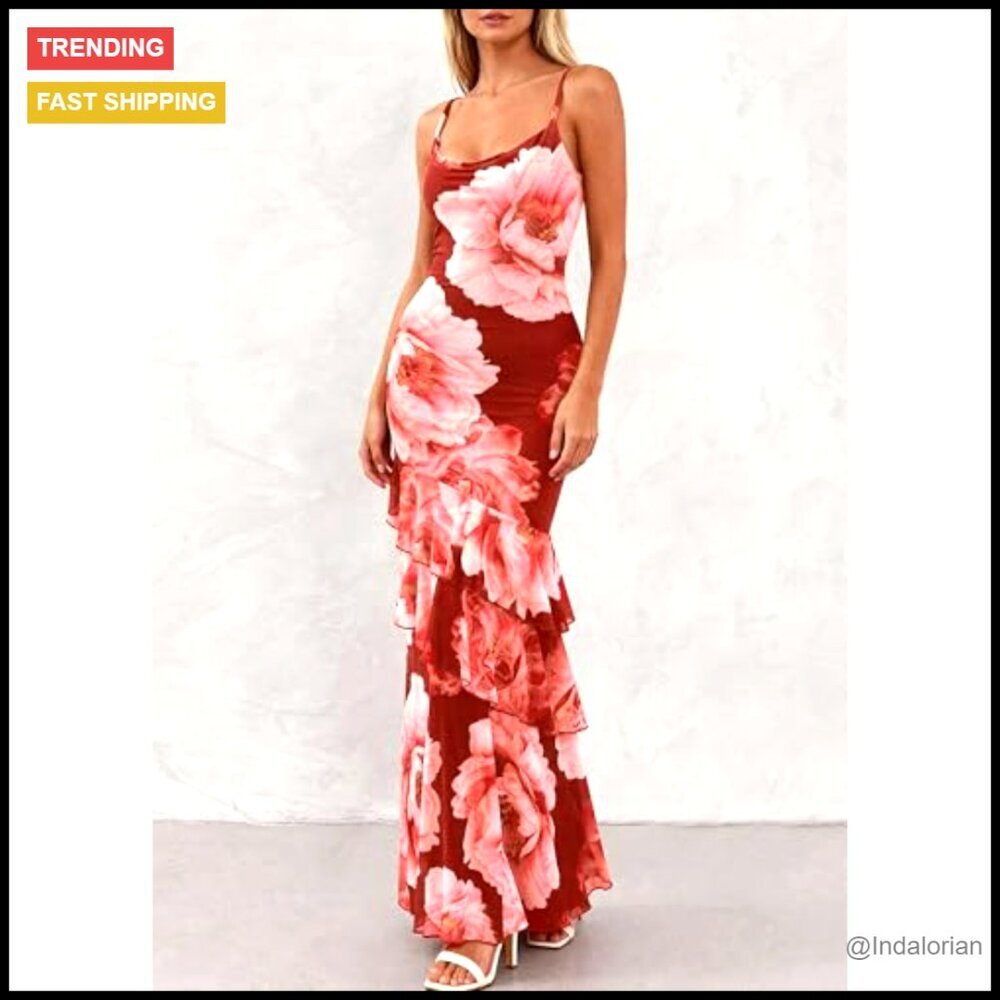 Tiered Floral Maxi Dress Spaghetti Strap Beach Wedding Guest Long Sundress - Picture 5 of 7